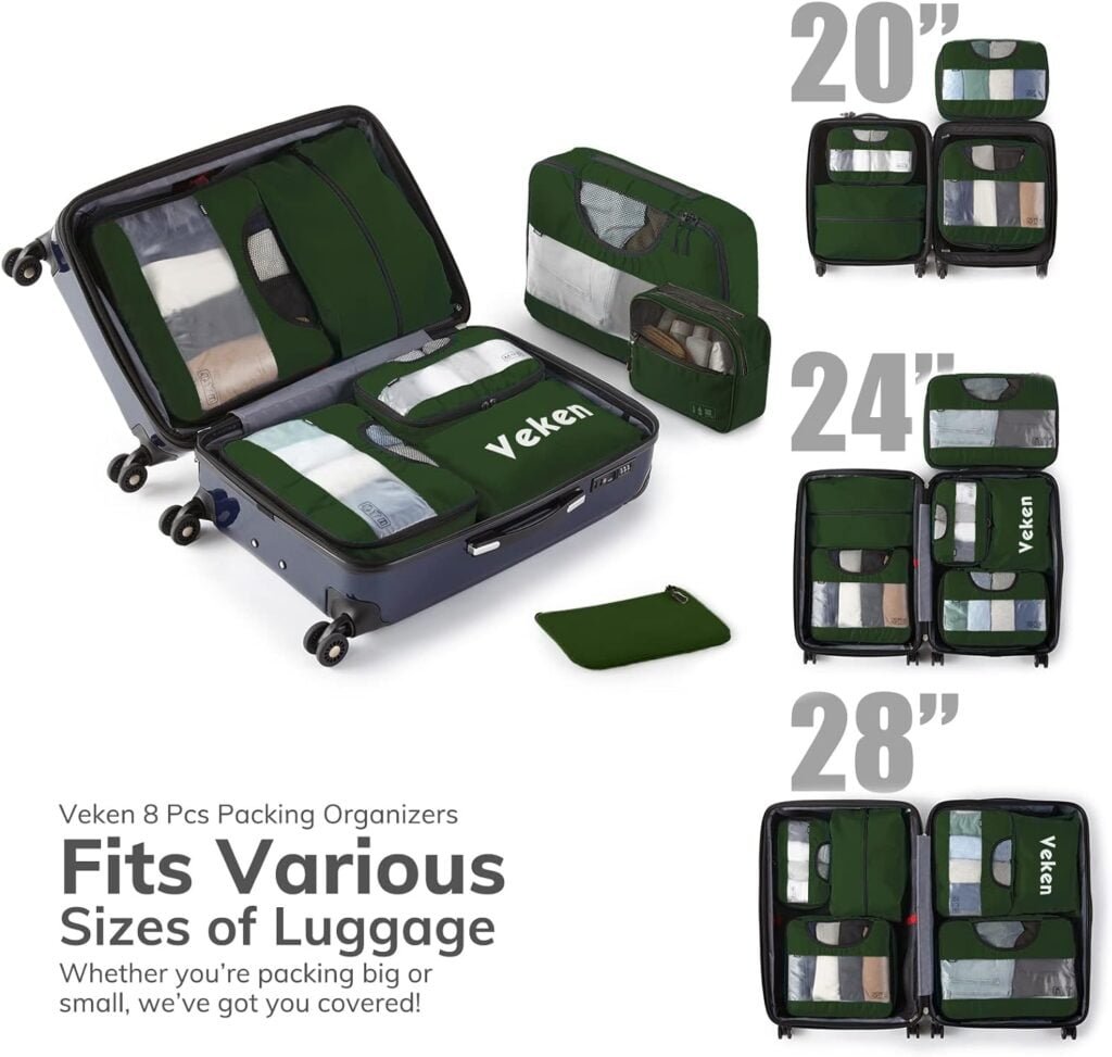 Veken 8 Set Packing Cubes for Suitcases, Travel Essentials for Carry on, Luggage Organizer Bags Set for Travel Accessories in 4 Sizes (Extra Large, Large, Medium, Small), Black Veken 8 Set Packing Cubes for Suitcases, Travel Essentials for Carry on, Luggage Organizer Bags Set for Travel Accessories in 4 Sizes (Extra Large, Large, Medium, Small), Black