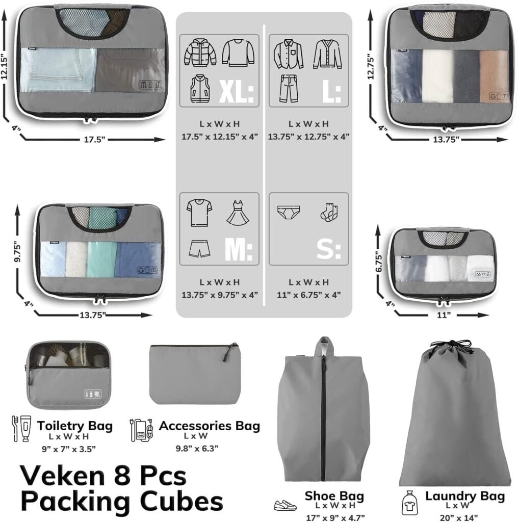 Veken 8 Set Packing Cubes for Suitcases, Travel Essentials for Carry on, Luggage Organizer Bags Set for Travel Accessories in 4 Sizes (Extra Large, Large, Medium, Small), Black Veken 8 Set Packing Cubes for Suitcases, Travel Essentials for Carry on, Luggage Organizer Bags Set for Travel Accessories in 4 Sizes (Extra Large, Large, Medium, Small), Black