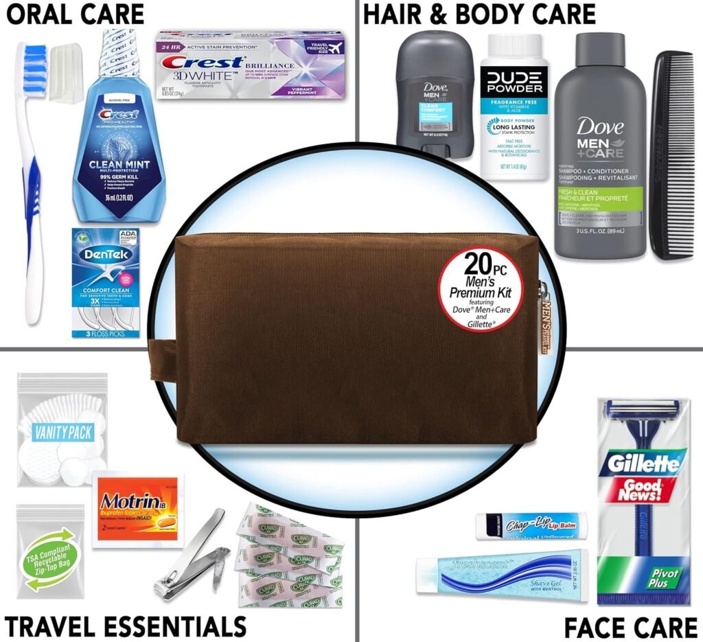 Convenience Kits International Men’s Premium 20-Piece Kit with Travel Size TSA Compliant Essentials, Featuring: Dove Men  Care Products in Brown Dopp Bag Convenience Kits International Men’s Premium 20-Piece Kit with Travel Size TSA Compliant Essentials, Featuring: Dove Men  Care Products in Brown Dopp Bag