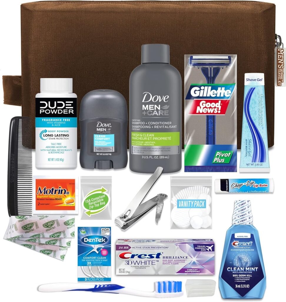 Convenience Kits International Men’s Premium 20-Piece Kit with Travel Size TSA Compliant Essentials, Featuring: Dove Men  Care Products in Brown Dopp Bag Convenience Kits International Men’s Premium 20-Piece Kit with Travel Size TSA Compliant Essentials, Featuring: Dove Men  Care Products in Brown Dopp Bag
