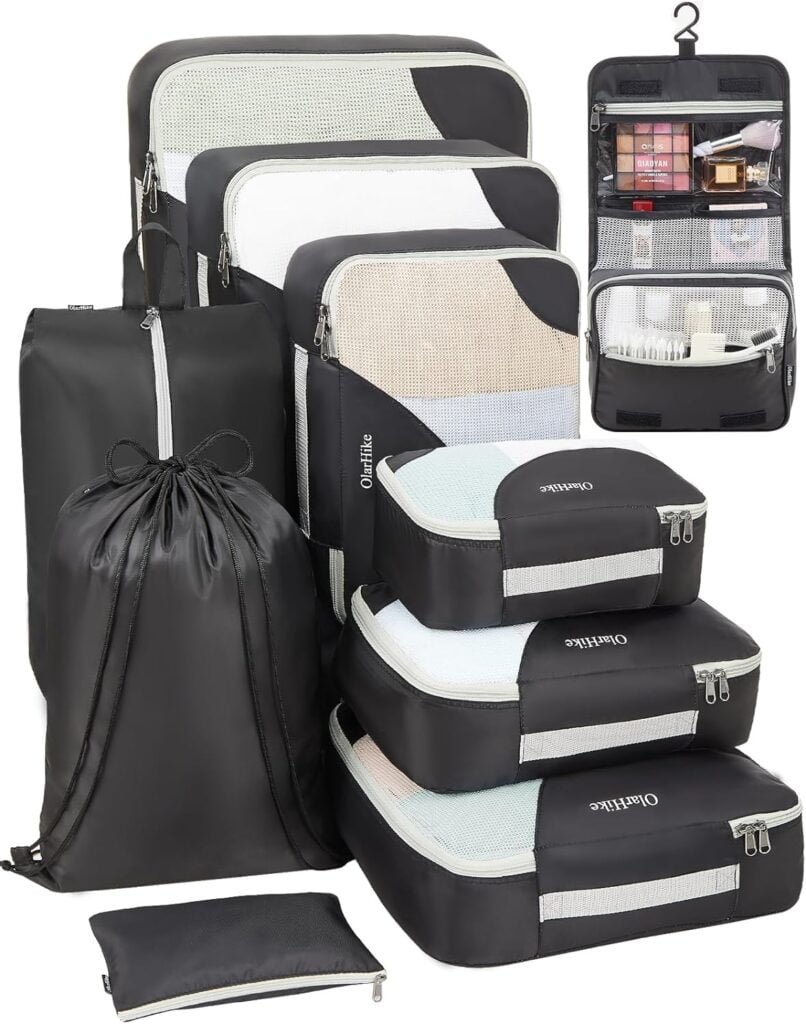 ALL INCLUDED 10 Set Sturdy Packing Cubes for Suitcases,OlarHike Travel Essentials,UPGRADED Anti-Tear Stitching, NEW Improved Luggage Packing Organizers for Travel Accessories(Black)