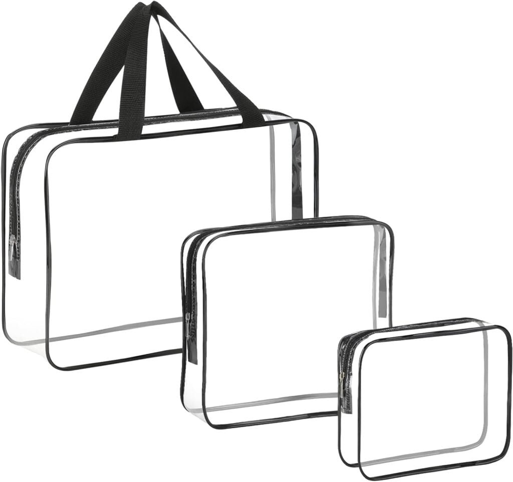 HAOGUAGUA 3 Pieces Large Clear Travel Bags for Toiletries, Waterproof Clear Plastic Cosmetic Makeup Bags, Transparent Packing Organizer Storage Bags (Black) HAOGUAGUA 3 Pieces Large Clear Travel Bags for Toiletries, Waterproof Clear Plastic Cosmetic Makeup Bags, Transparent Packing Organizer Storage Bags (Black)