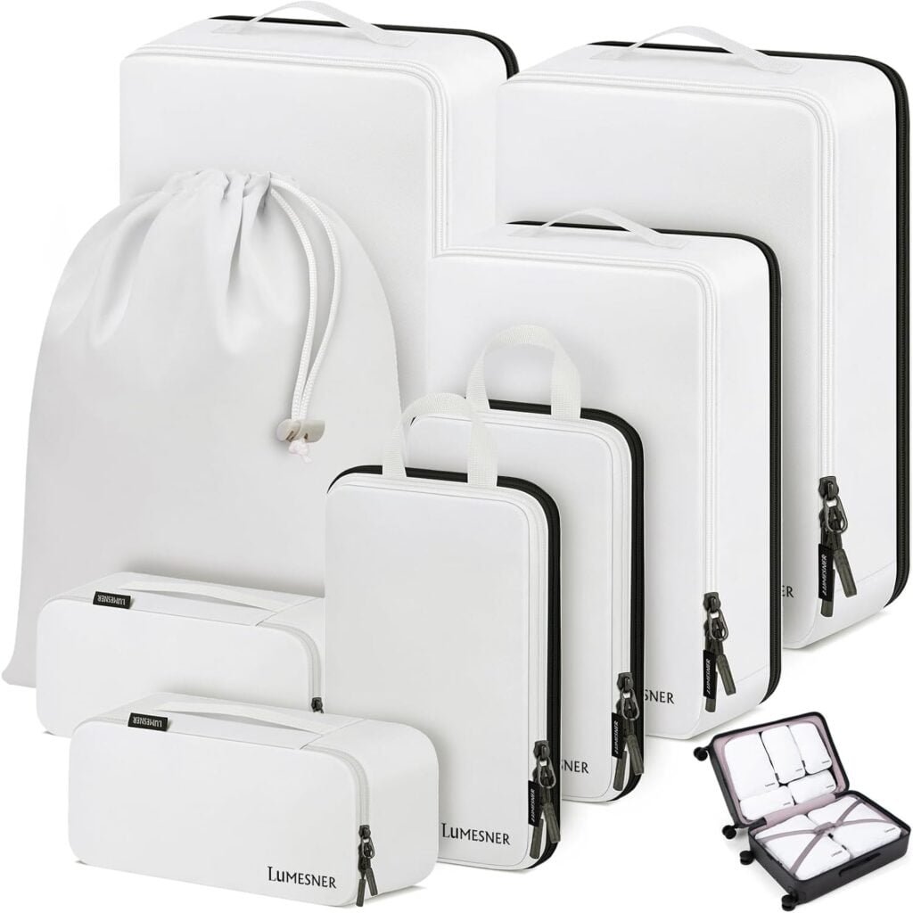 Lumesner Compression Packing Cubes, 8 Set Travel Packing Cubes for Carry on Suitcase, Compression Suitcase Organizer Bag Set  Travel Cubes Lumesner Compression Packing Cubes, 8 Set Travel Packing Cubes for Carry on Suitcase, Compression Suitcase Organizer Bag Set  Travel Cubes
