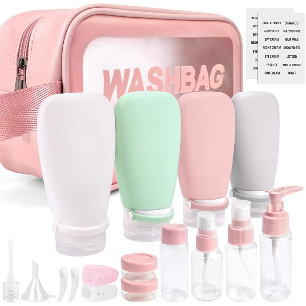 18 Pcs Travel Bottles for Toiletries Gym TSA Approved, Leak Proof with Bandage Silicone Squeezable 3oz for Toner Shampoo Conditioner Lotion Body Wash with Toothbrush Cover Tag and Wash Bag 18 Pcs Travel Bottles for Toiletries Gym TSA Approved, Leak Proof with Bandage Silicone Squeezable 3oz for Toner Shampoo Conditioner Lotion Body Wash with Toothbrush Cover Tag and Wash Bag